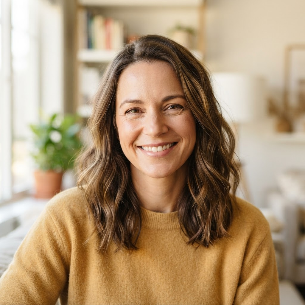 Smiling mom with wavy brown hair in a mustard sweater