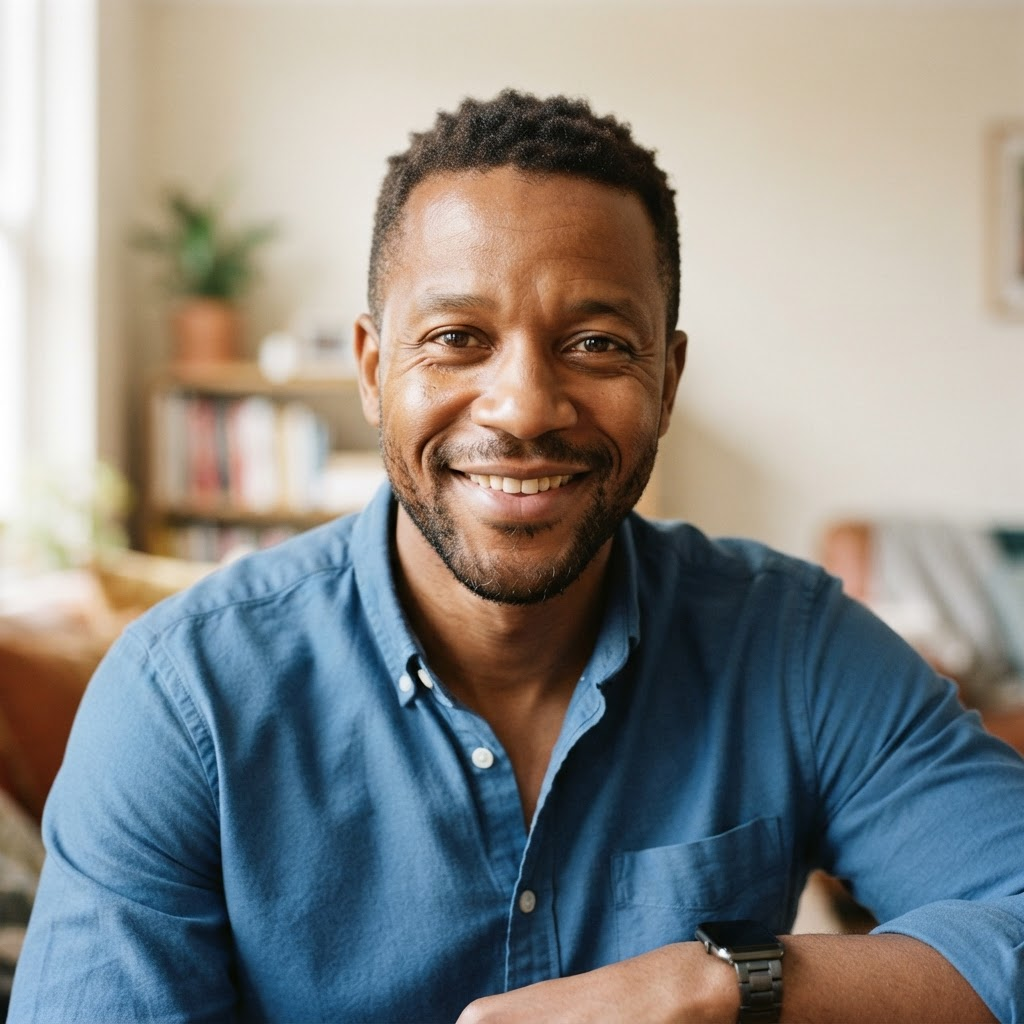 Smiling dad with a short beard in a blue button-down shirt
