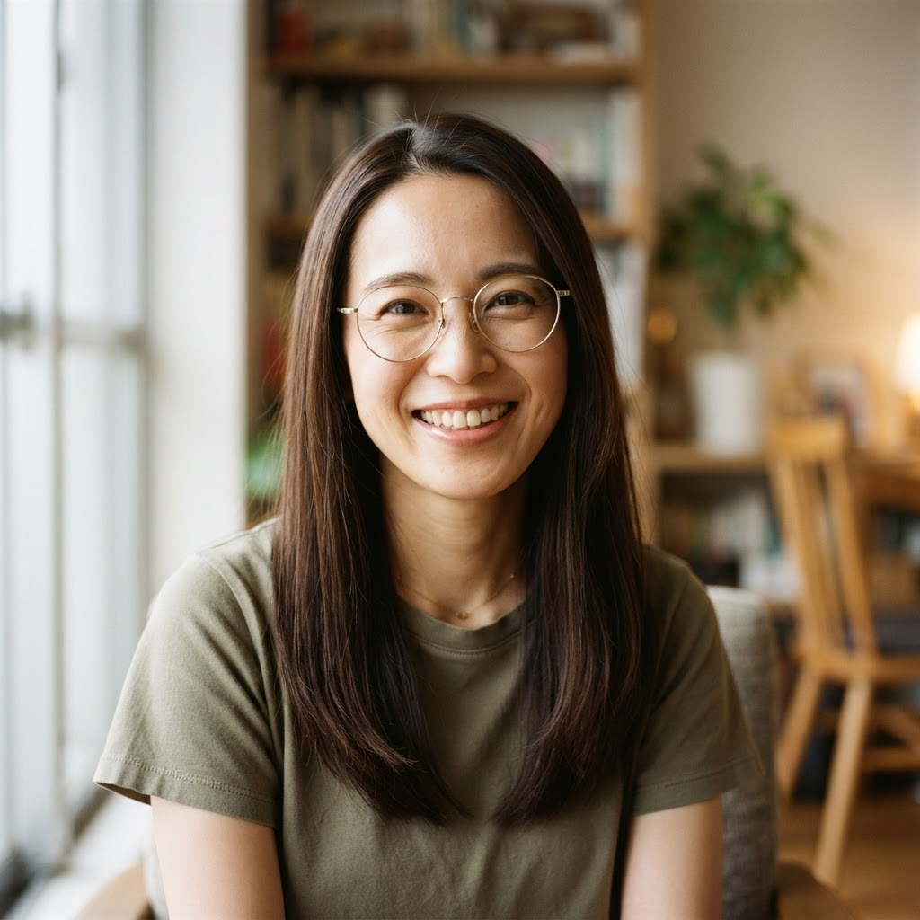 Smiling shopper with glasses in an olive t-shirt